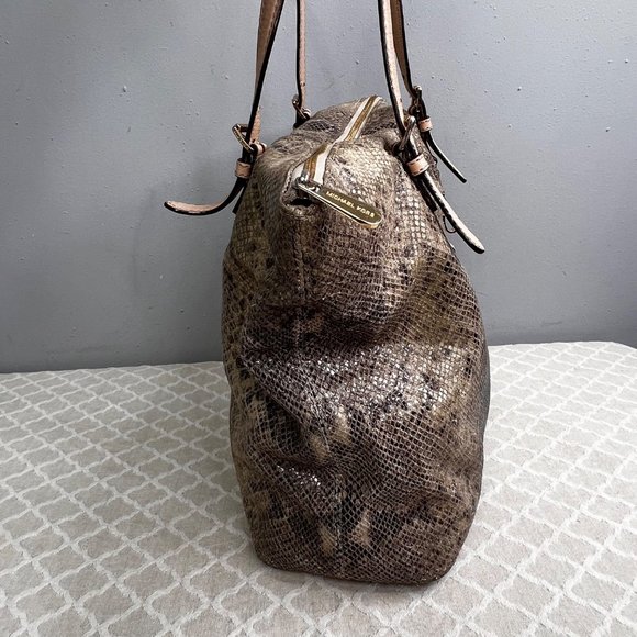 Michael Kors Python Effect Bag Tote Embossed Leather Snakeskin Print Tan Black - Picture 9 of 16